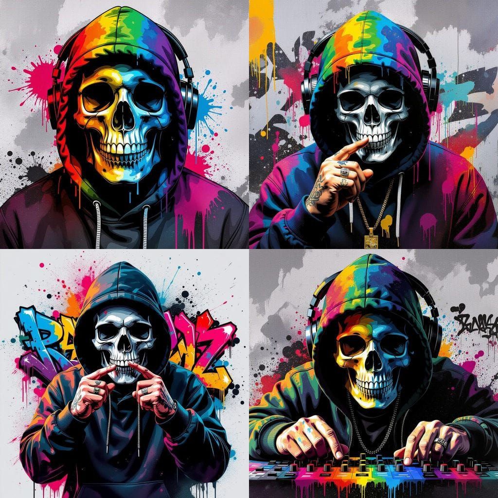 Hip Hop Skull DJ Creating Music in Vibrant Graffiti Style