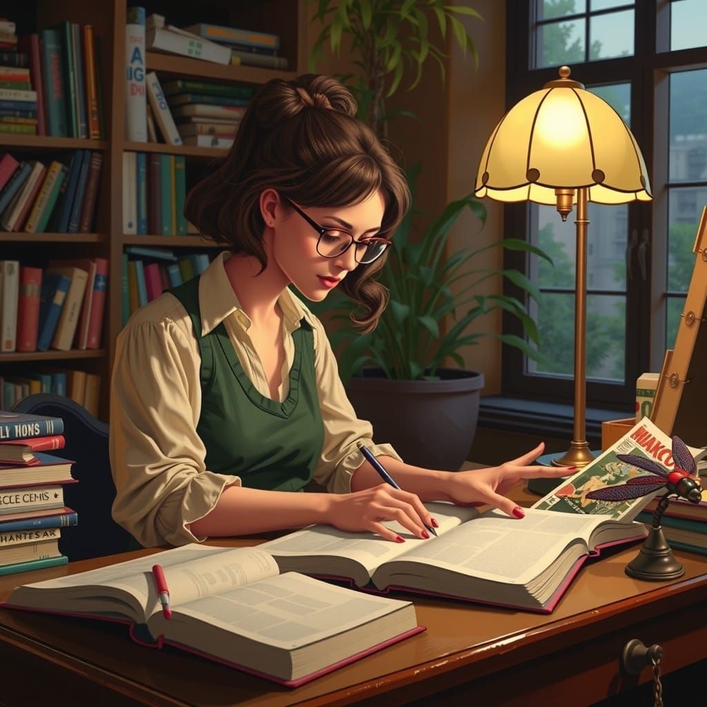 Geek Woman Reading in Library, Mignola & Moebius Style