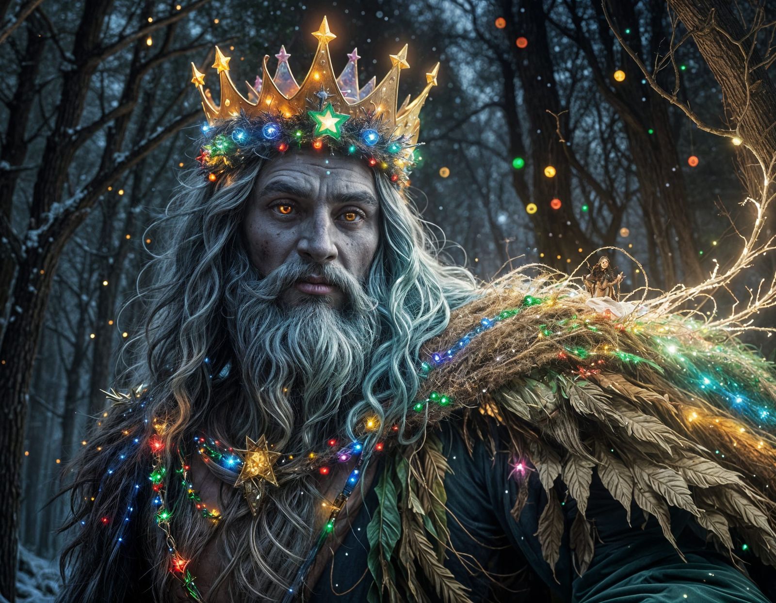 Forest Djinn with Christmas Lights and Monster