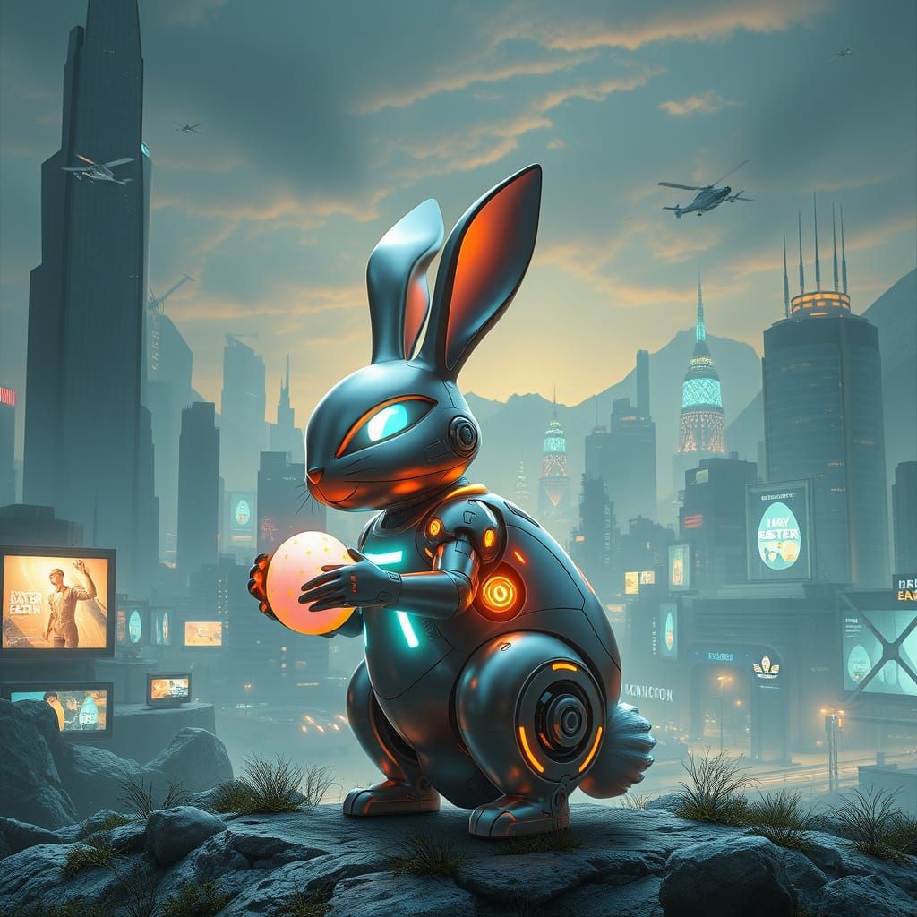 High-Tech Easter Bunny Illuminates Futuristic Metropolis