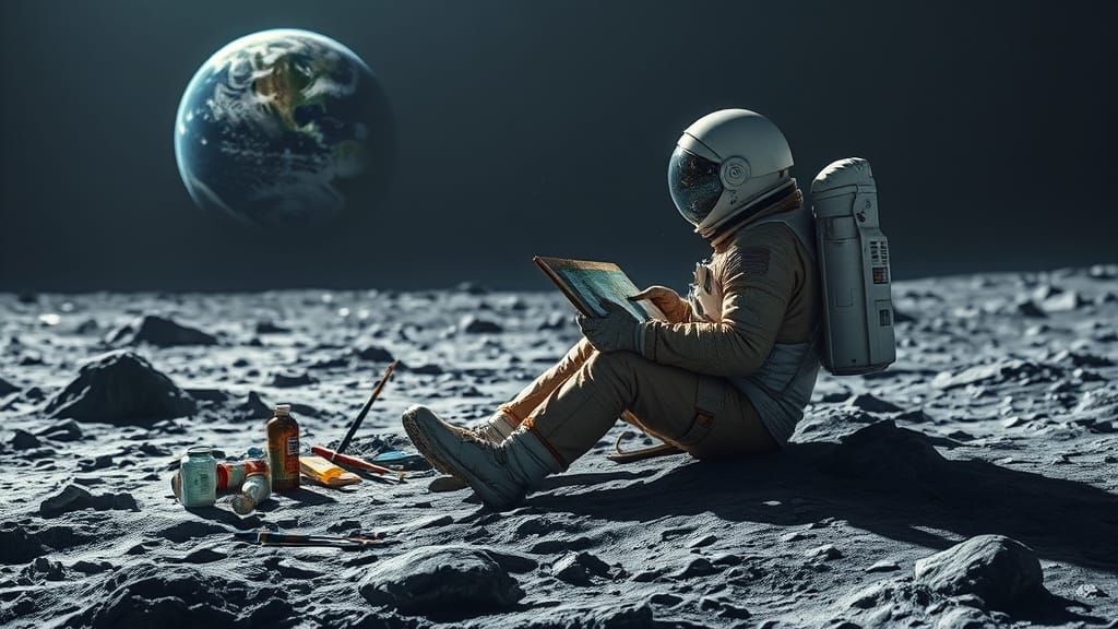 Astronaut in Spacesuit Paints Earth on the Moon in Hyperdeta...