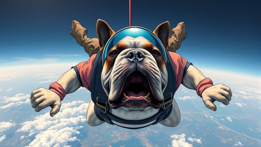 Bulldog Skydiving in Flight Gear, Comic Art Style