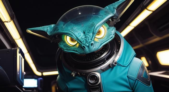 Retro Space Girl with Alien Creature Portrait