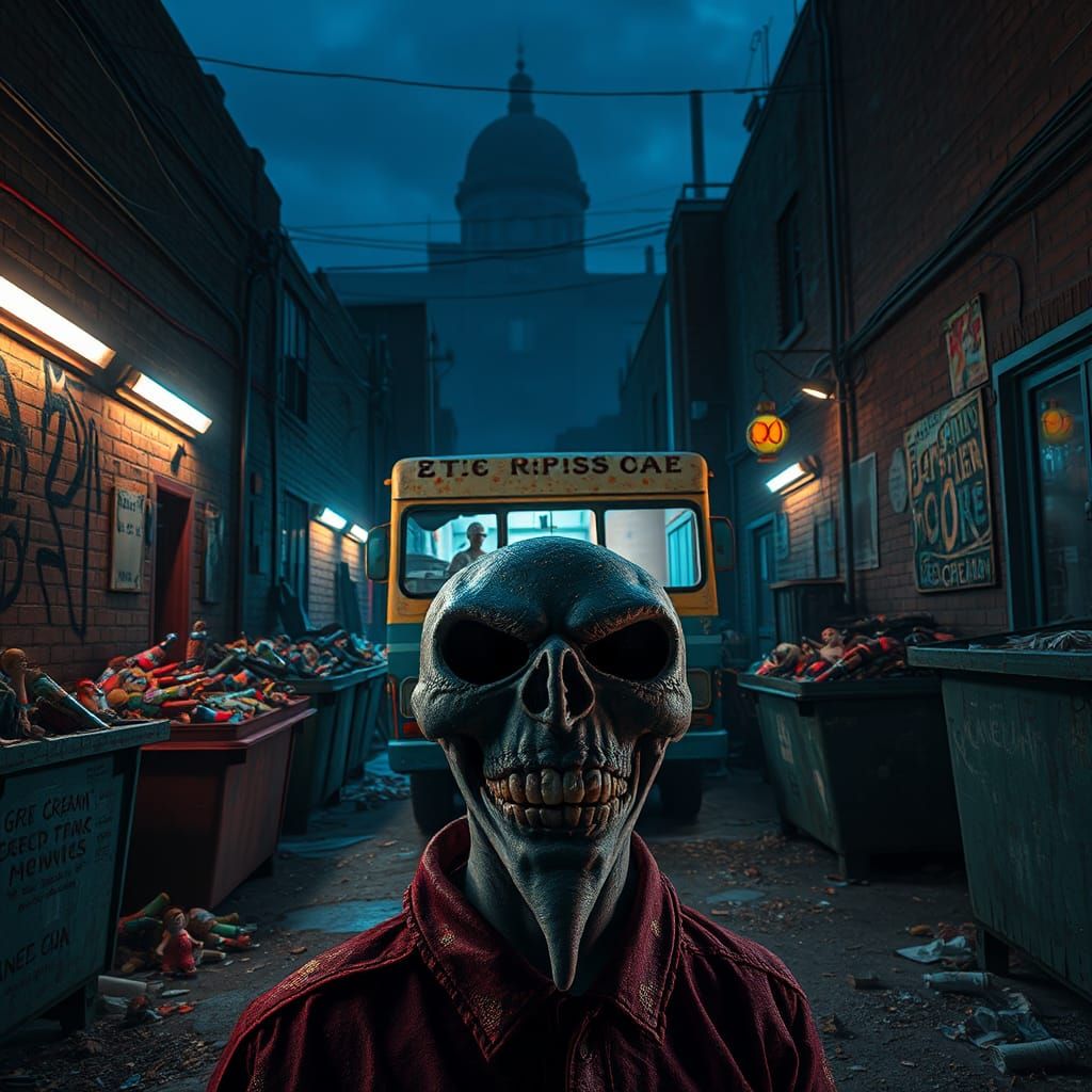 Eerie Ice Cream Man in Dark Alleyway