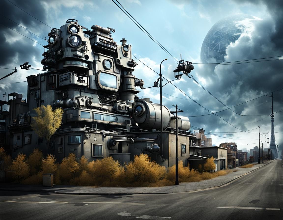 Atompunk Street View: Retro-Futuristic Urban Scene