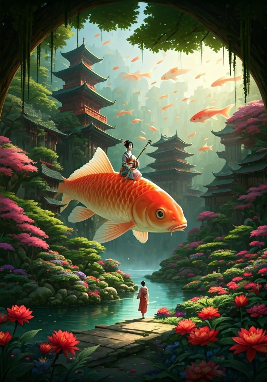 Surreal Japanese Fantasy with Geisha and Koi Fish in a Vibra...