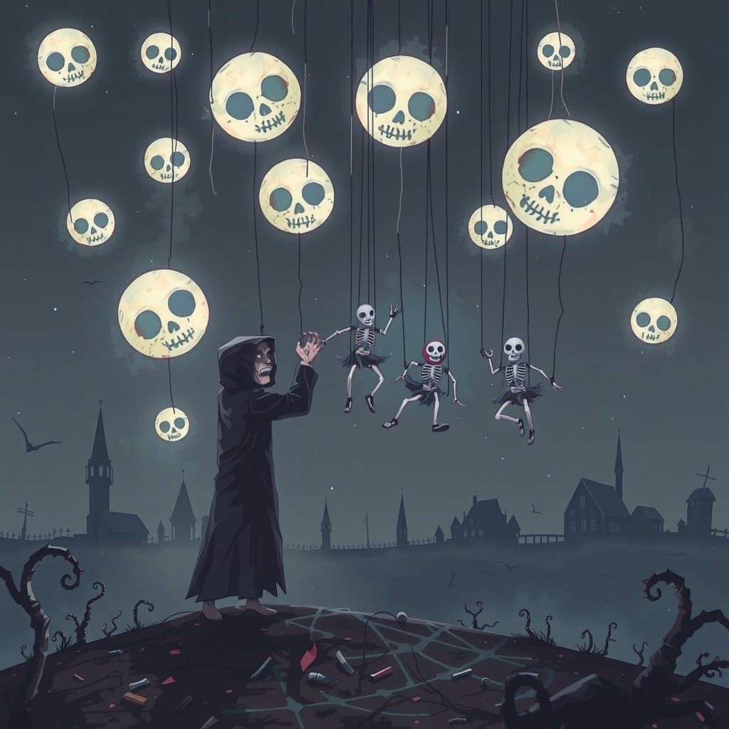 Gothic Marionette Spectacle Under Haunting Moonlit Skies