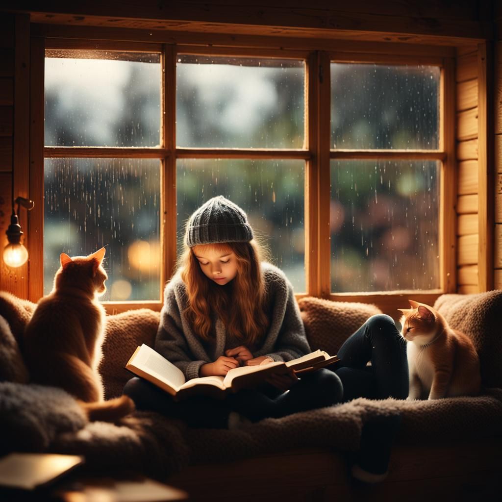 Girl Reading with Cats in Cozy Home