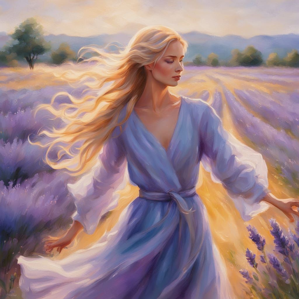 Blonde Woman in Lavender Field: Impressionistic Style