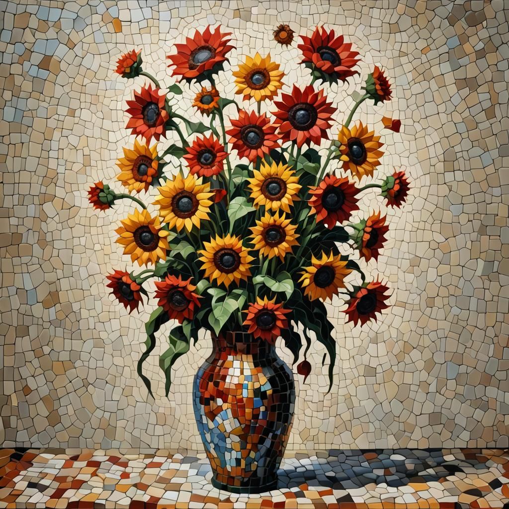 Surreal Pixel Vase of Red Sunflowers