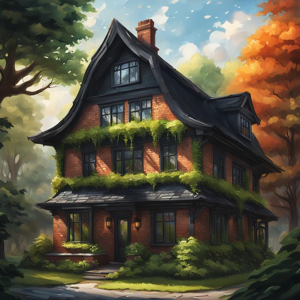 Majestic Brick House with Lush Greenery, Oil Painting Style