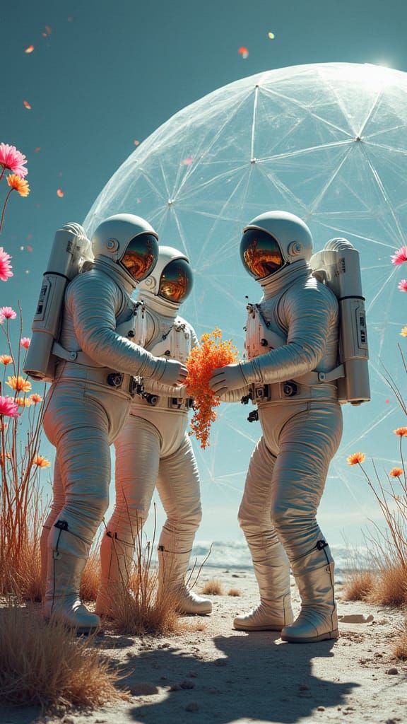 Astronauts Tend Lunar Flowers in Geodesic Dome