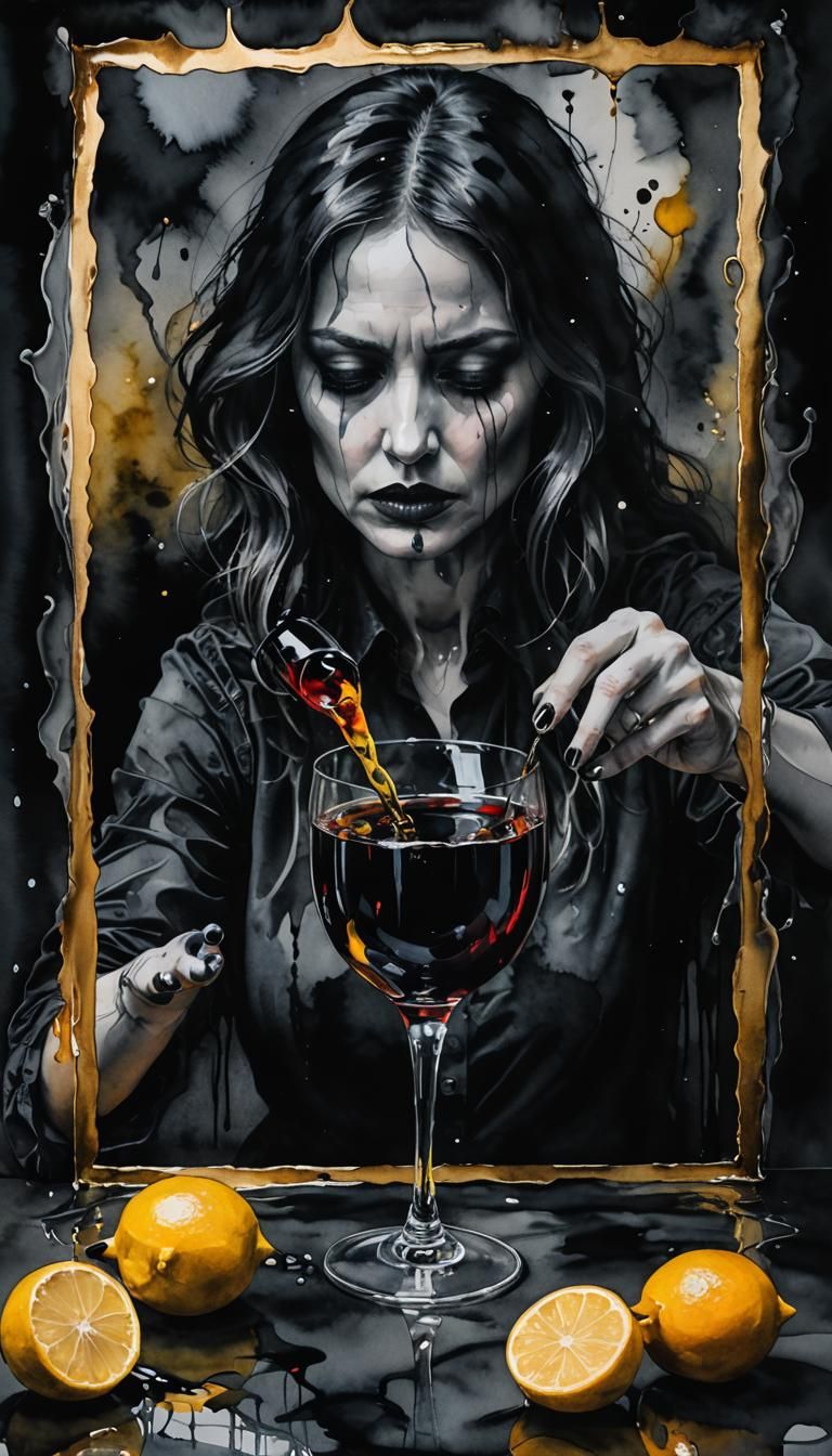 Eerie Surrealism: Woman Pours Dark Liquid as Watercolor