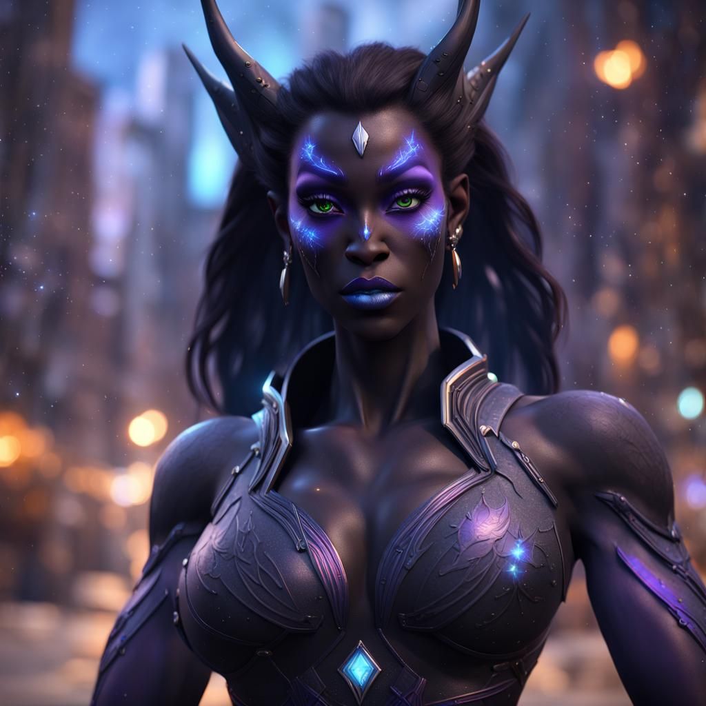 Void Elf on City Street in Fantasy Art