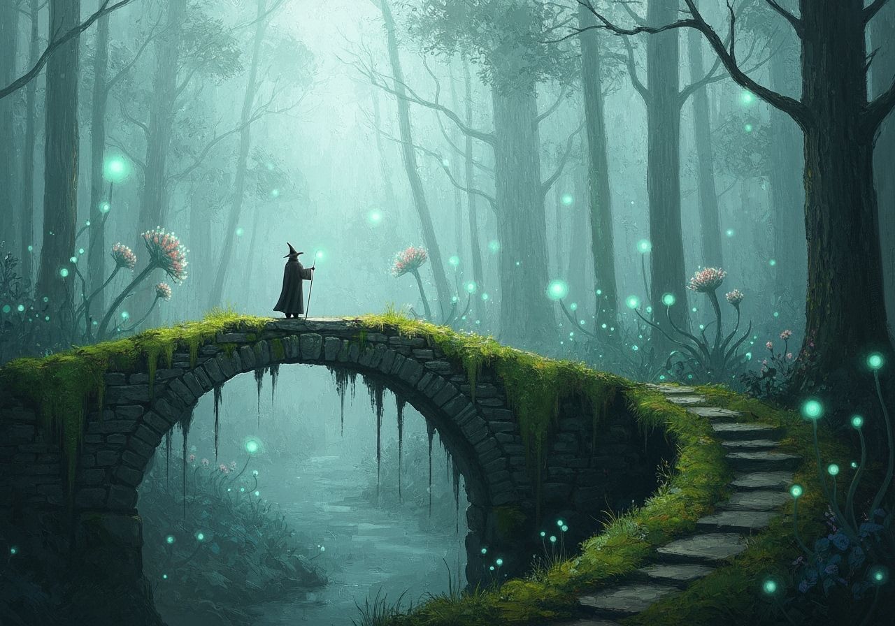 Wizard on Ancient Bridge in Foggy Forest