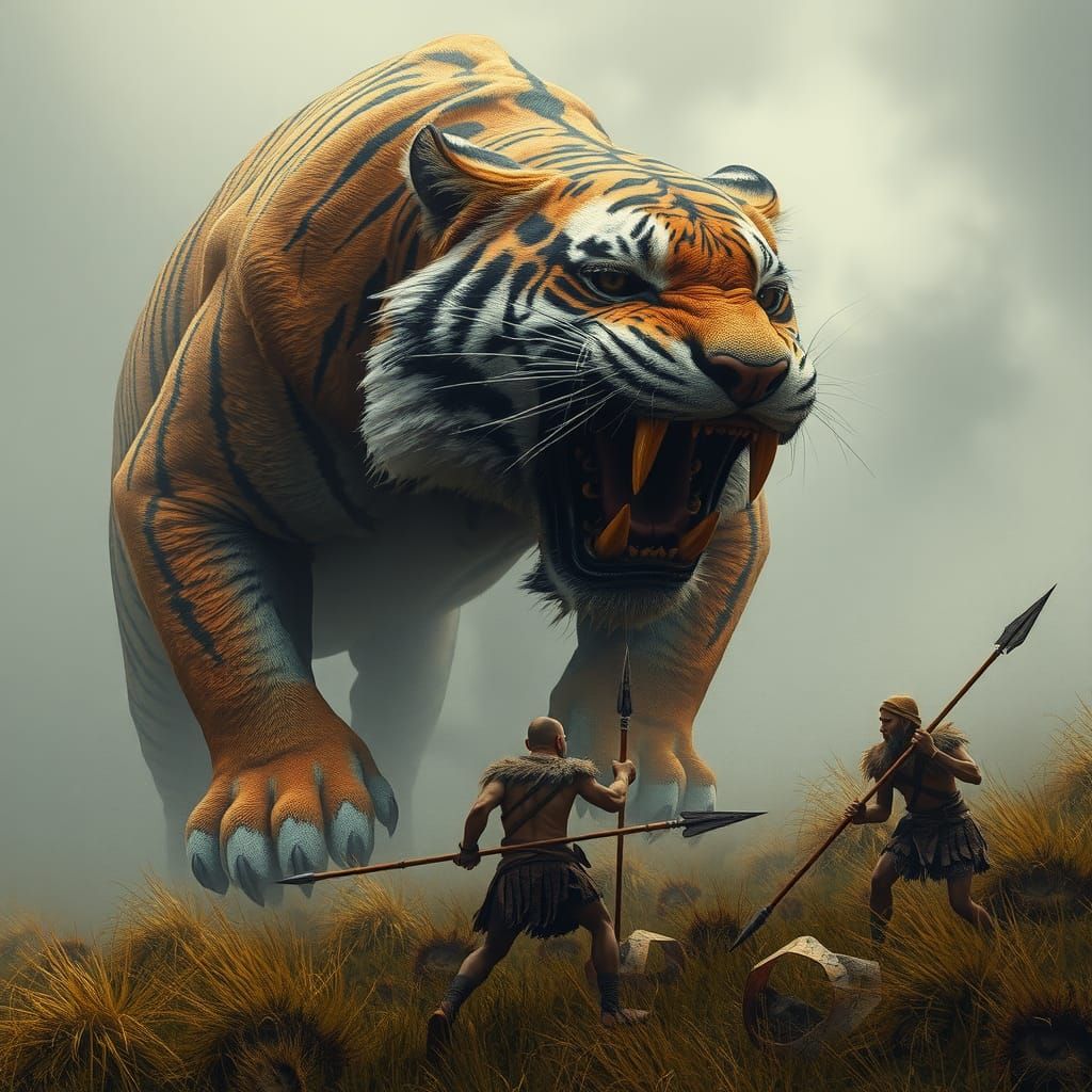 Giant Tiger Charges Warriors in Prehistoric Landscape