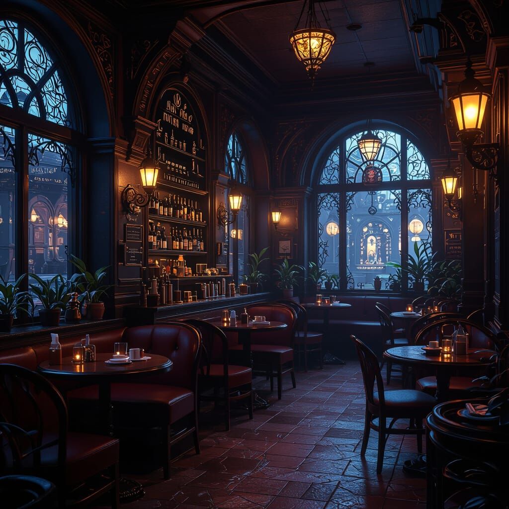 Mysterious Cozy Cafe Interior with Fantastical Details
