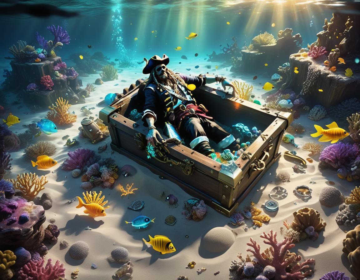 Drowned Pirate's Treasure: Bioluminescent Ocean Concept Art