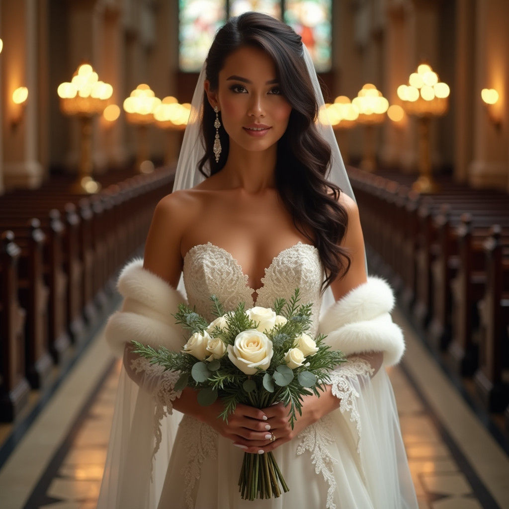 Elegant Bride in Candlelit Church, Pre-Raphaelite Style