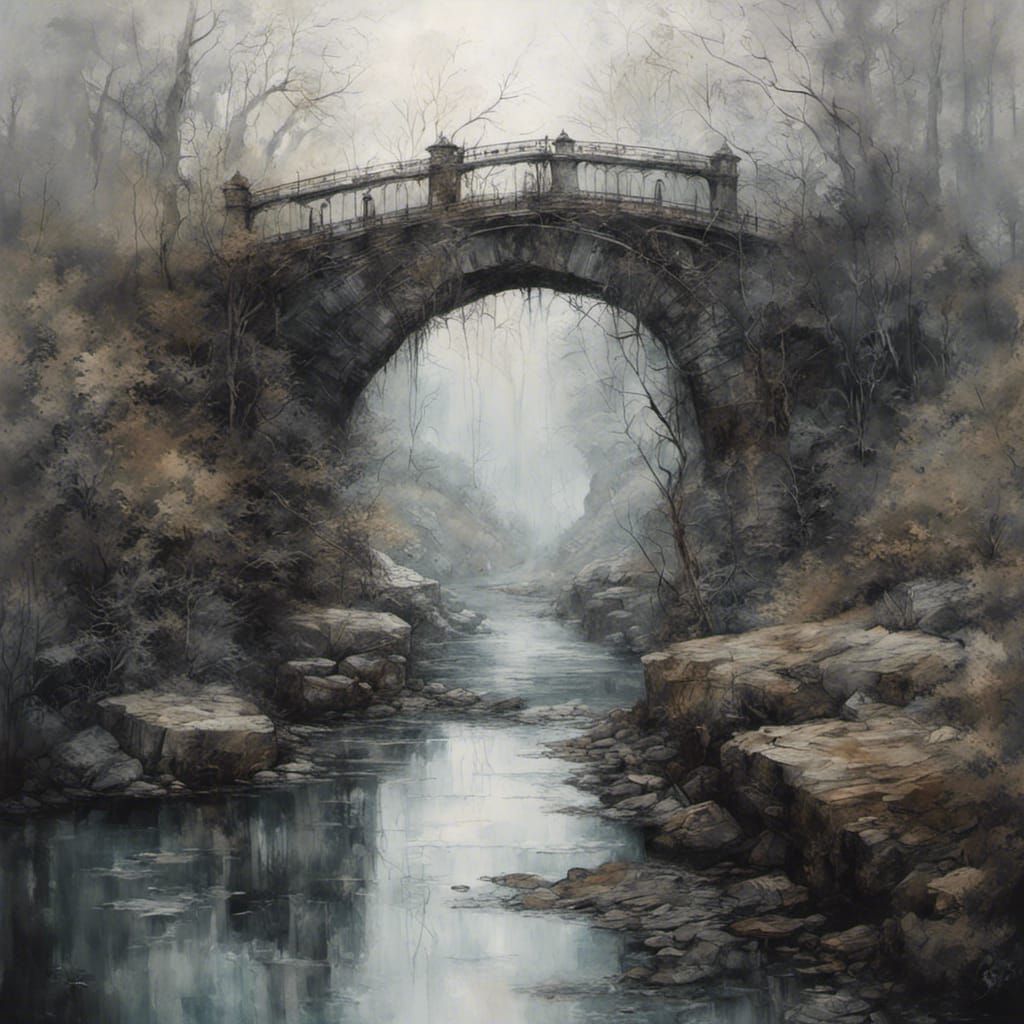 Victorian Stone Bridge in Mist with Obsidian Foil