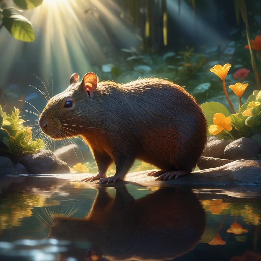 Surreal Agouti in Serene Watering Hole Scene, Cyberpunk-Insp...