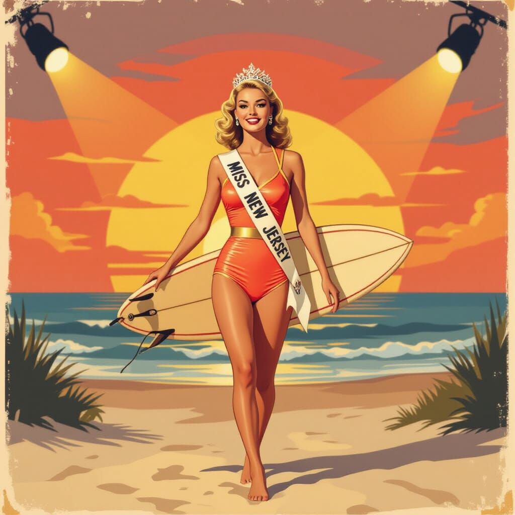 Miss New Jersey: 1950s Pageant Queen with Surfboard