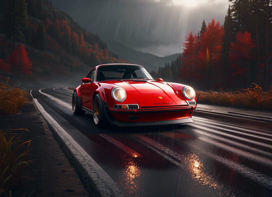 Red Porsche 911 on Wet Road, Photorealistic Render