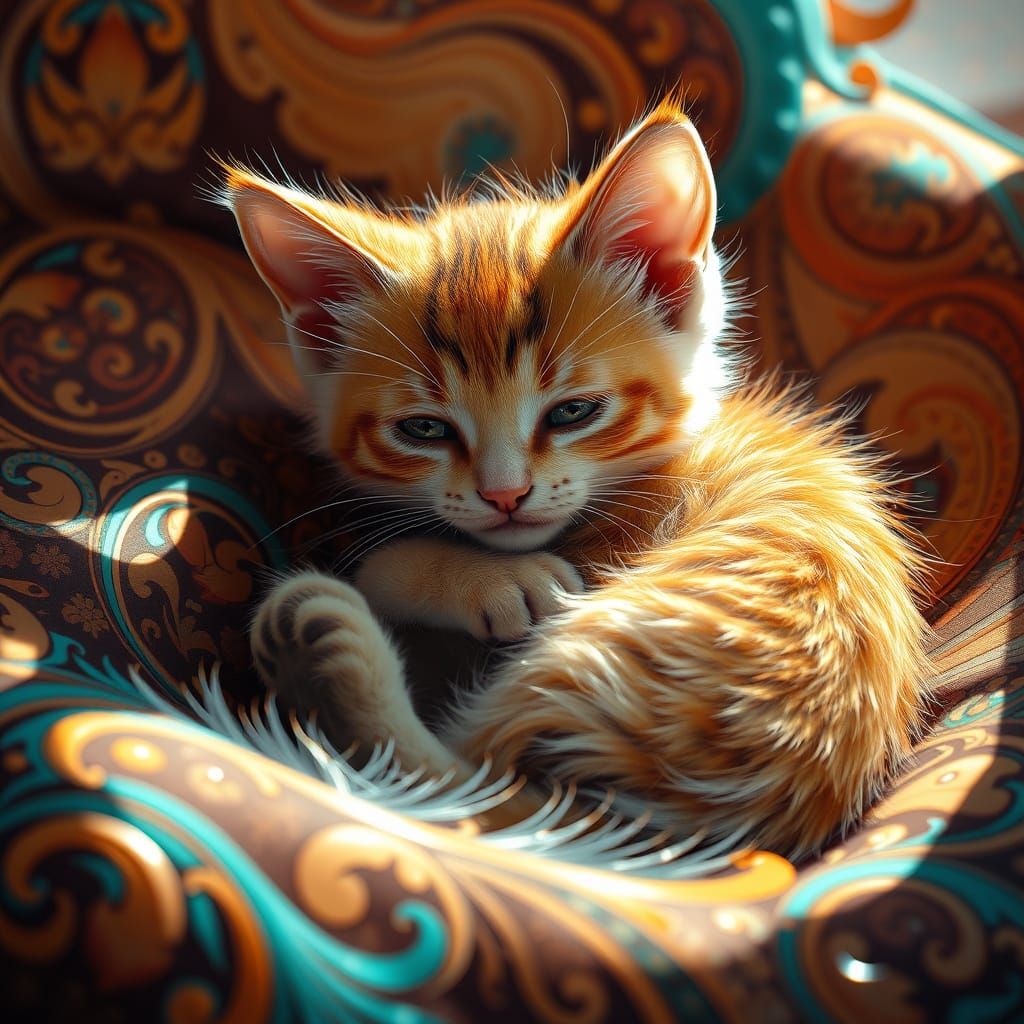 Adorable Whimsical Cat in Vibrant Patterns