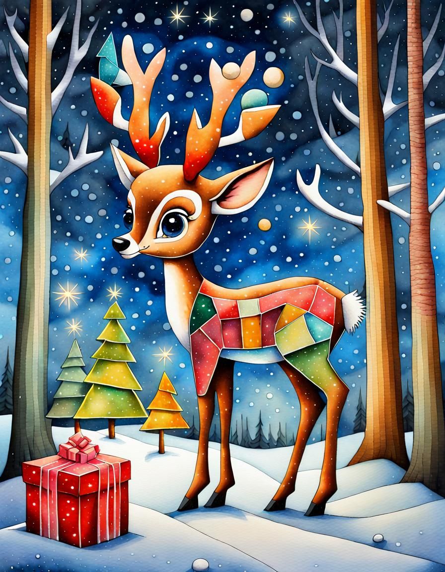 Christmas Bambi in Iridescent Cubist Style
