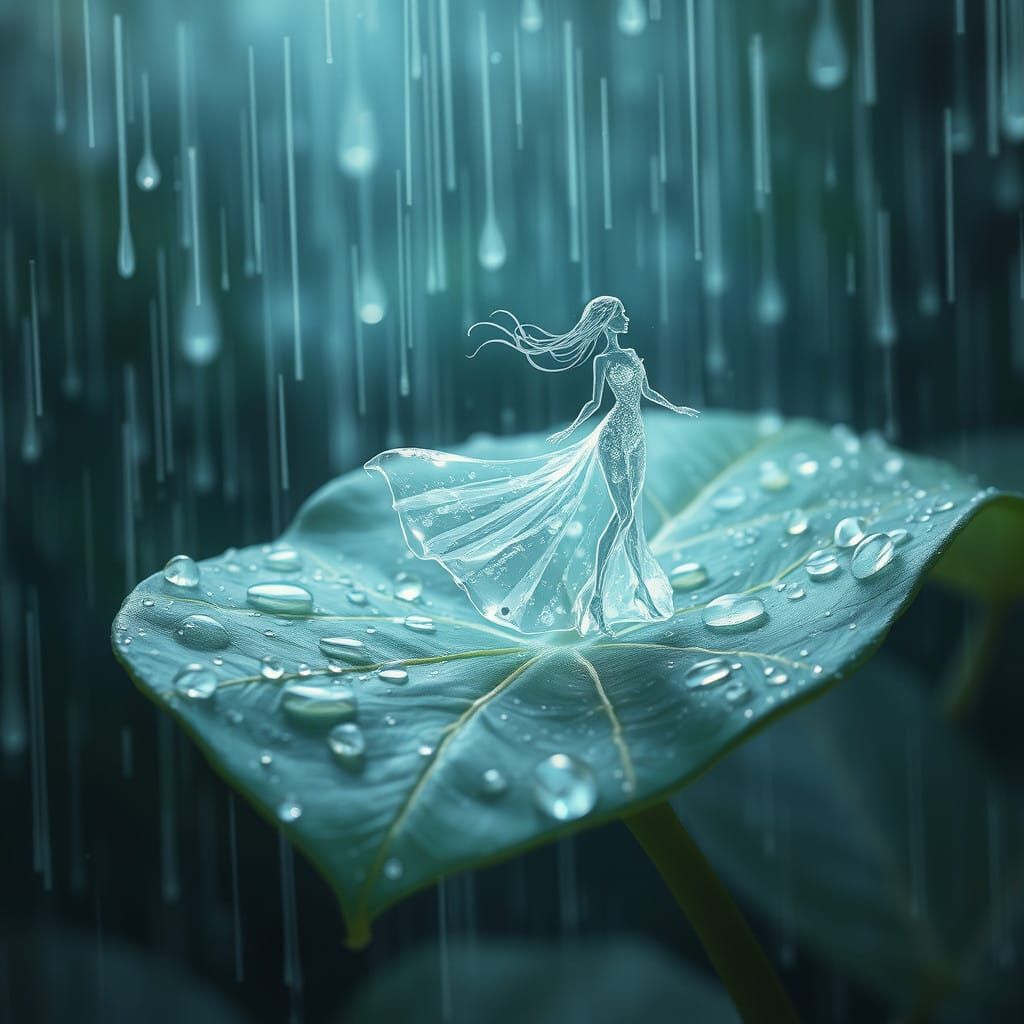 Ethereal Water Woman Dancing on a Rain-Kissed Leaf