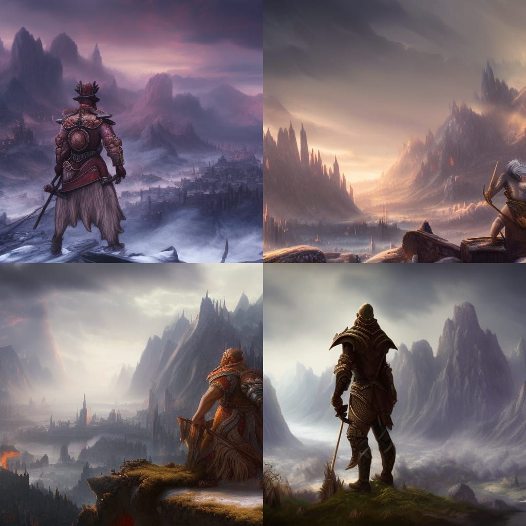 Half-Giant Warrior Overlooks Snowy Fields in Matte Painting