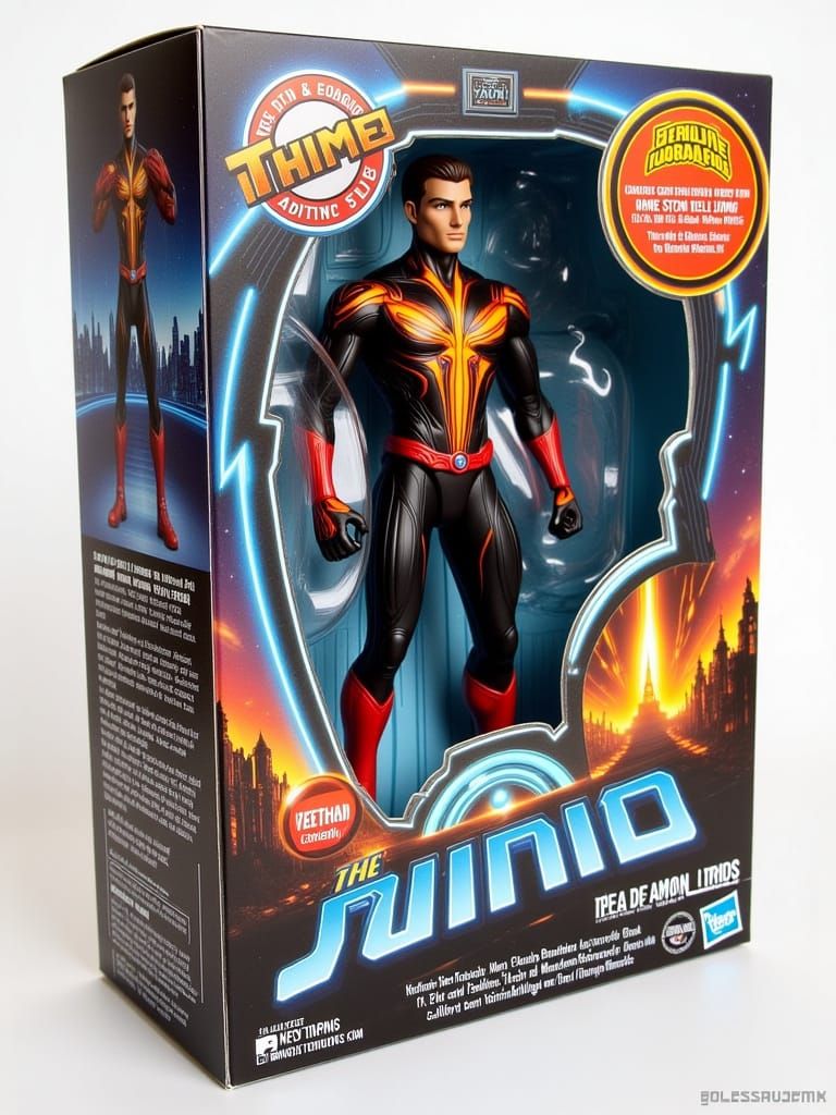 A stylized action figure box design featuring a dynamic hero character in an action pose, enclosed in a clear plastic wi...
