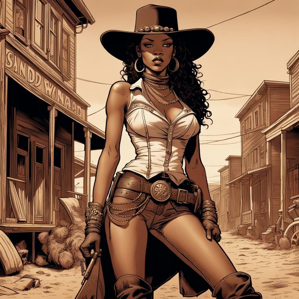 Rihanna as Wild West Bandit in Sepia Comic Art