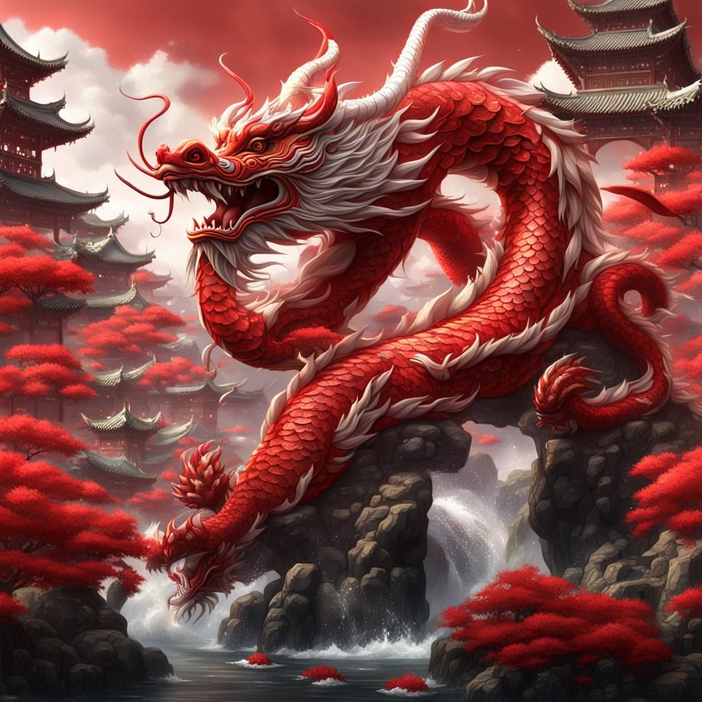 Chinese Dragon Surrounded by Koi Fish in Matte Painting