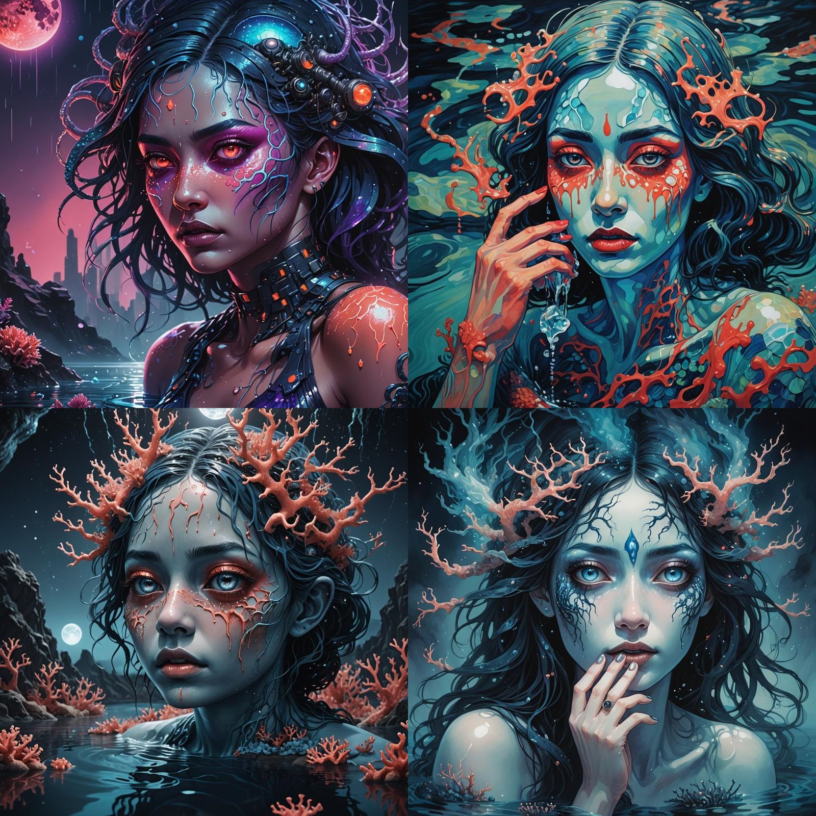 Surreal Coral Girl with Three Eyes Crying