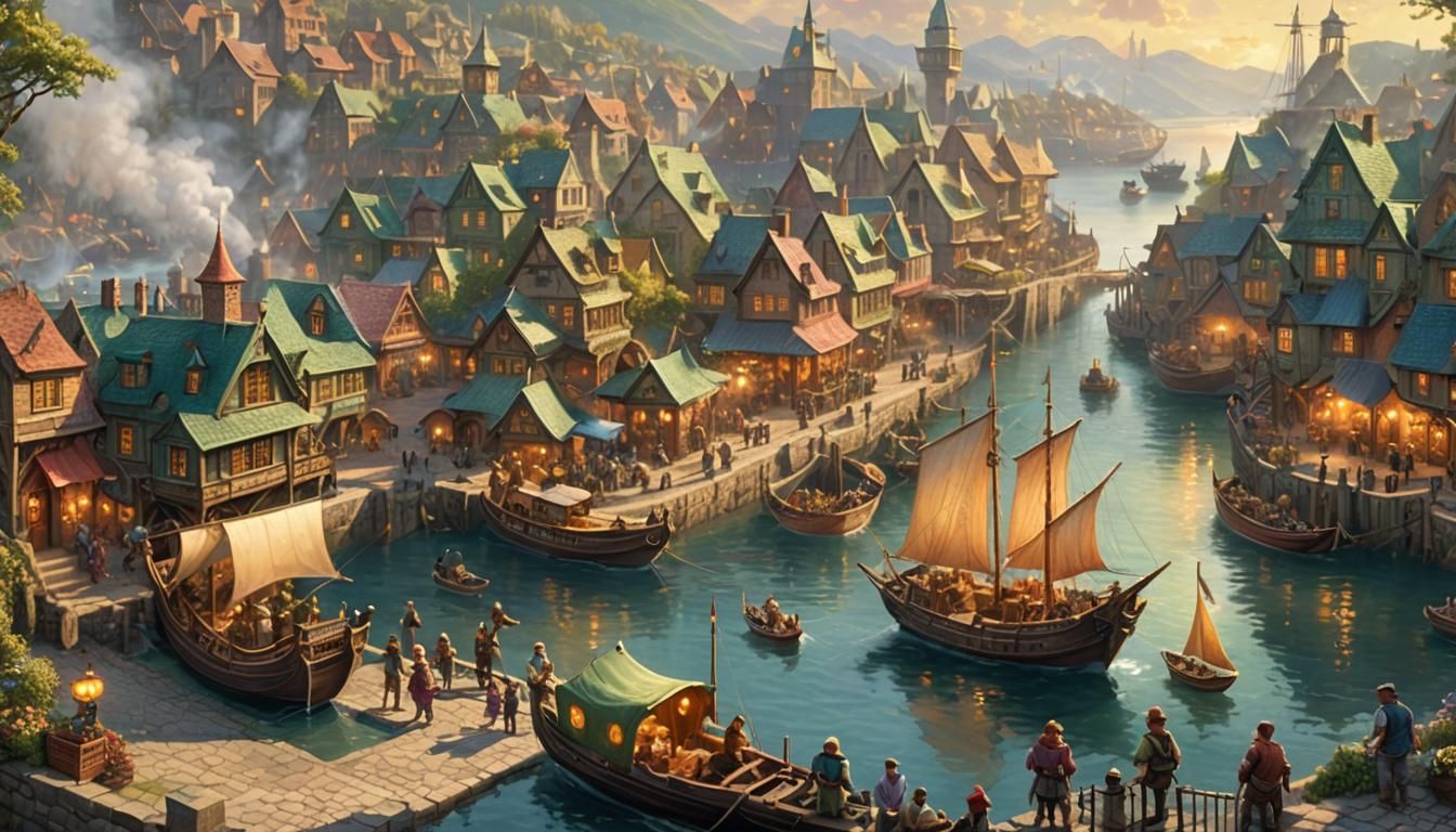 Bustling Fantasy Harbor with Elves and Steampunk Elements