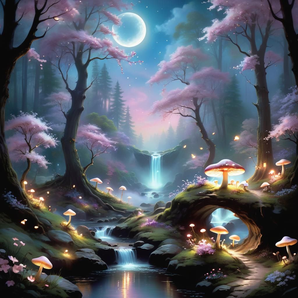 Mystic Forest Landscape with Glowing Mushrooms