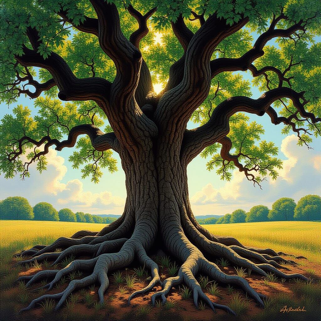 Ancient Oak Tree Oil Painting: Resilience of Nature
