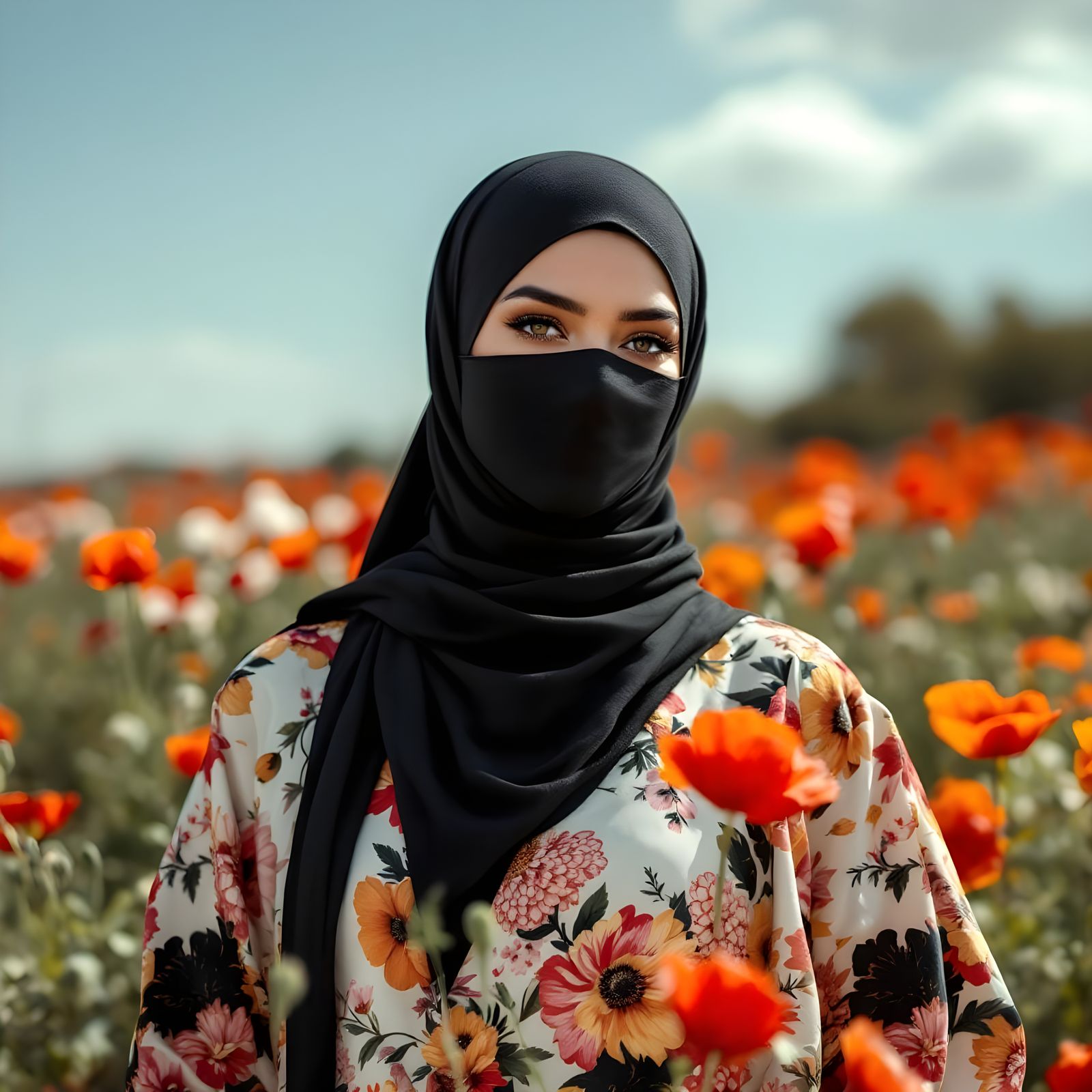 Curvy Woman in Colorful Abaya in Summer Landscape