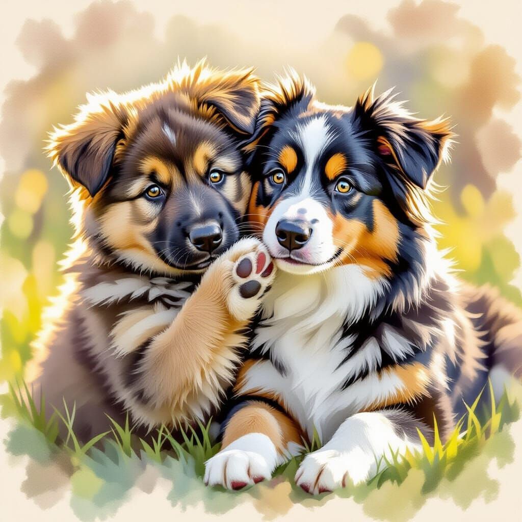Cute Puppies Share Hopeful Golden Eyes in Watercolor Style