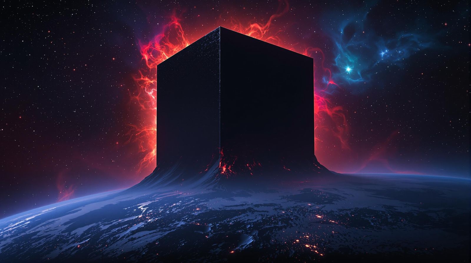 Gargantuan Black Cube Engulfs the Earth in Cosmic Horror