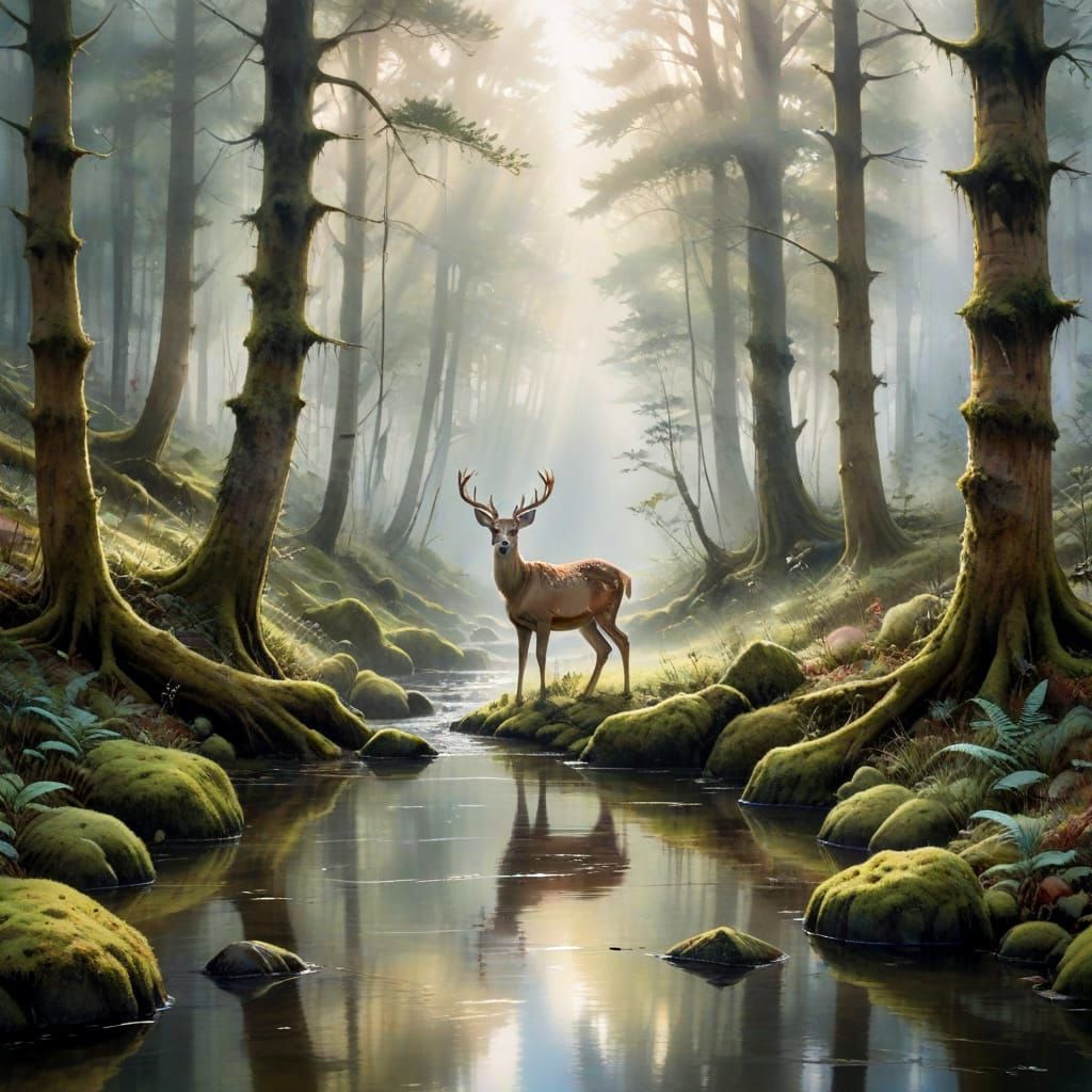Misty Forest Deer Encounter with God Rays