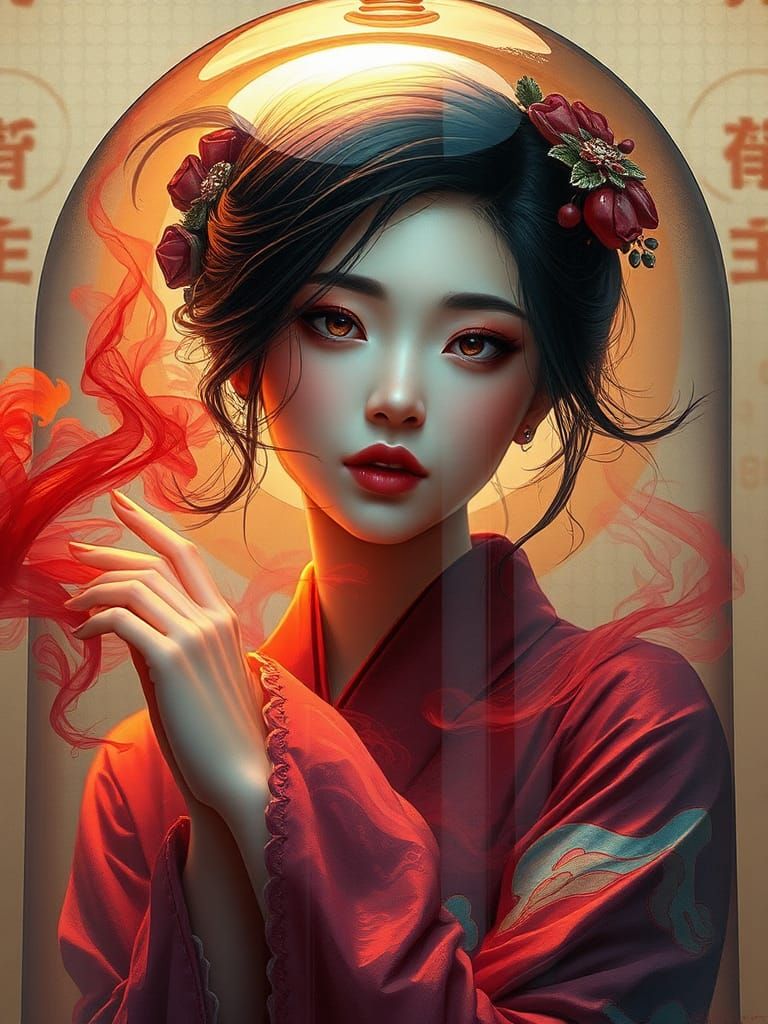 Elegant Figure Behind Glass Dome in Dreamlike Style