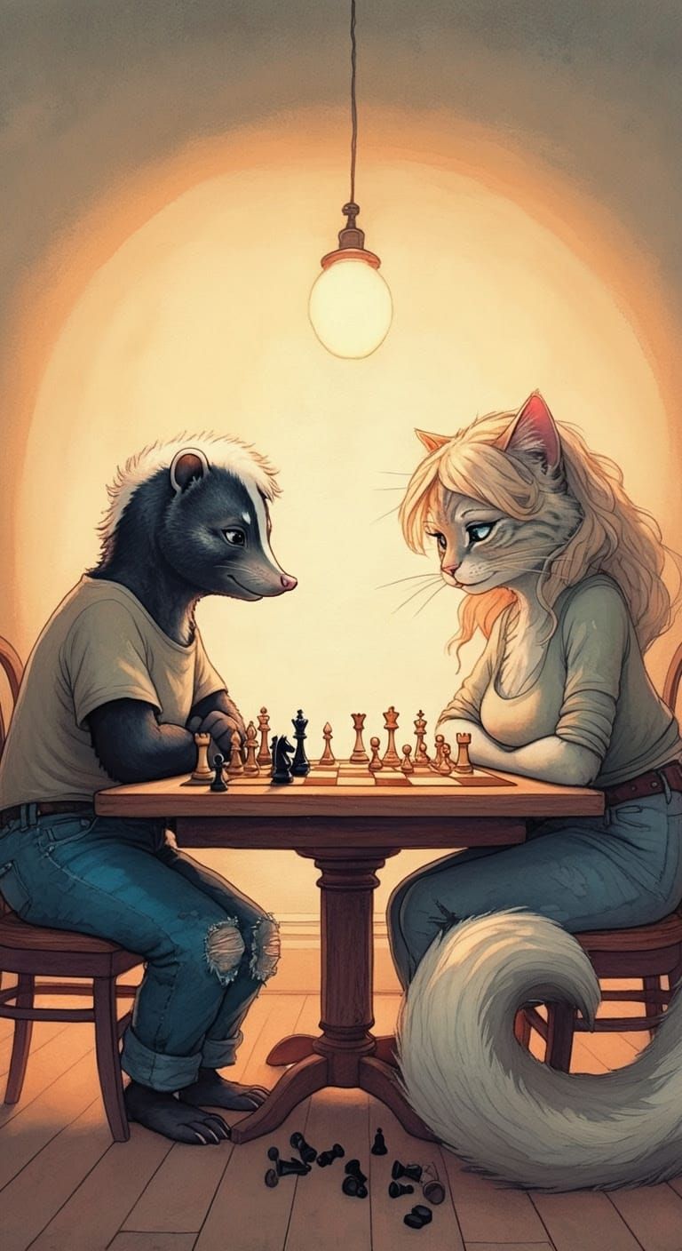 Whimsical Chess Match Between Skunk and Cat in Warm Light
