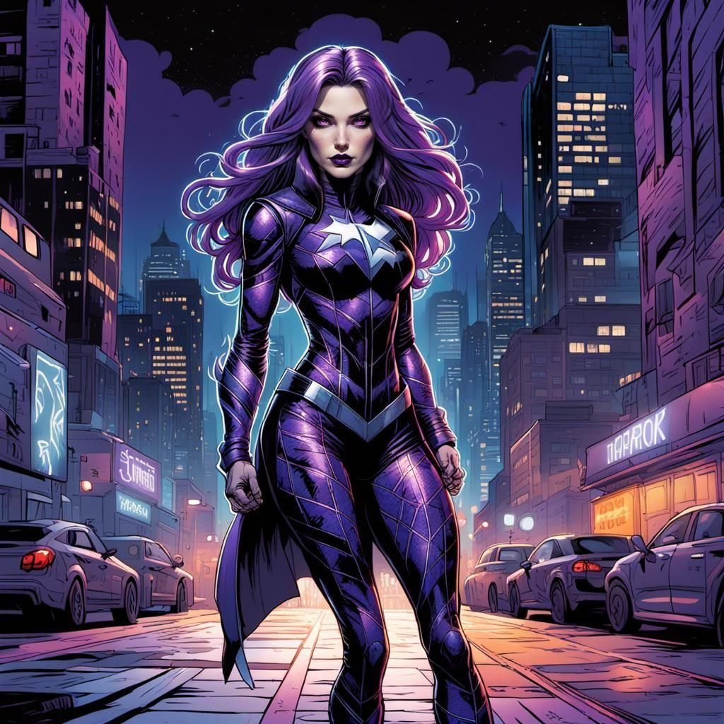 Neon Purple Haired Superheroine in Comic Book Art