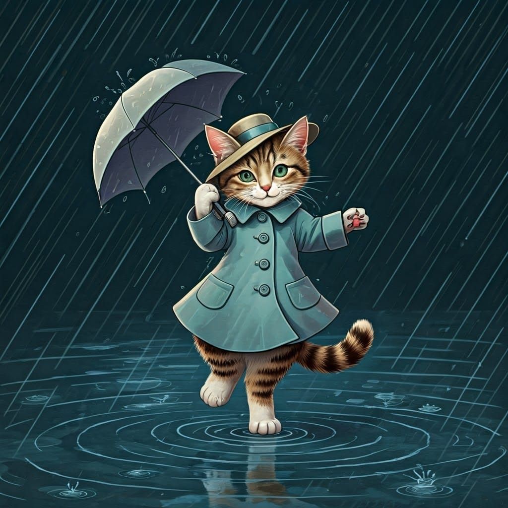 Majestic Tabby Kitten Dances in Rainy Streets of Elegant Whi...