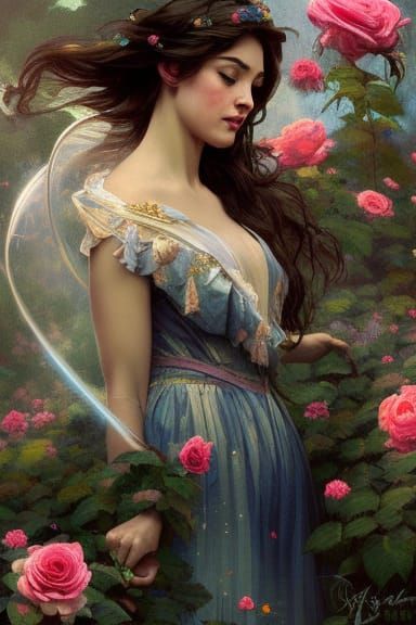 Woman in Rose Garden Portrait, Hyperdetailed Lighting