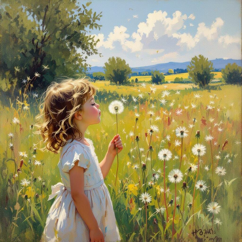 Child with Dandelion in Impressionist Meadow