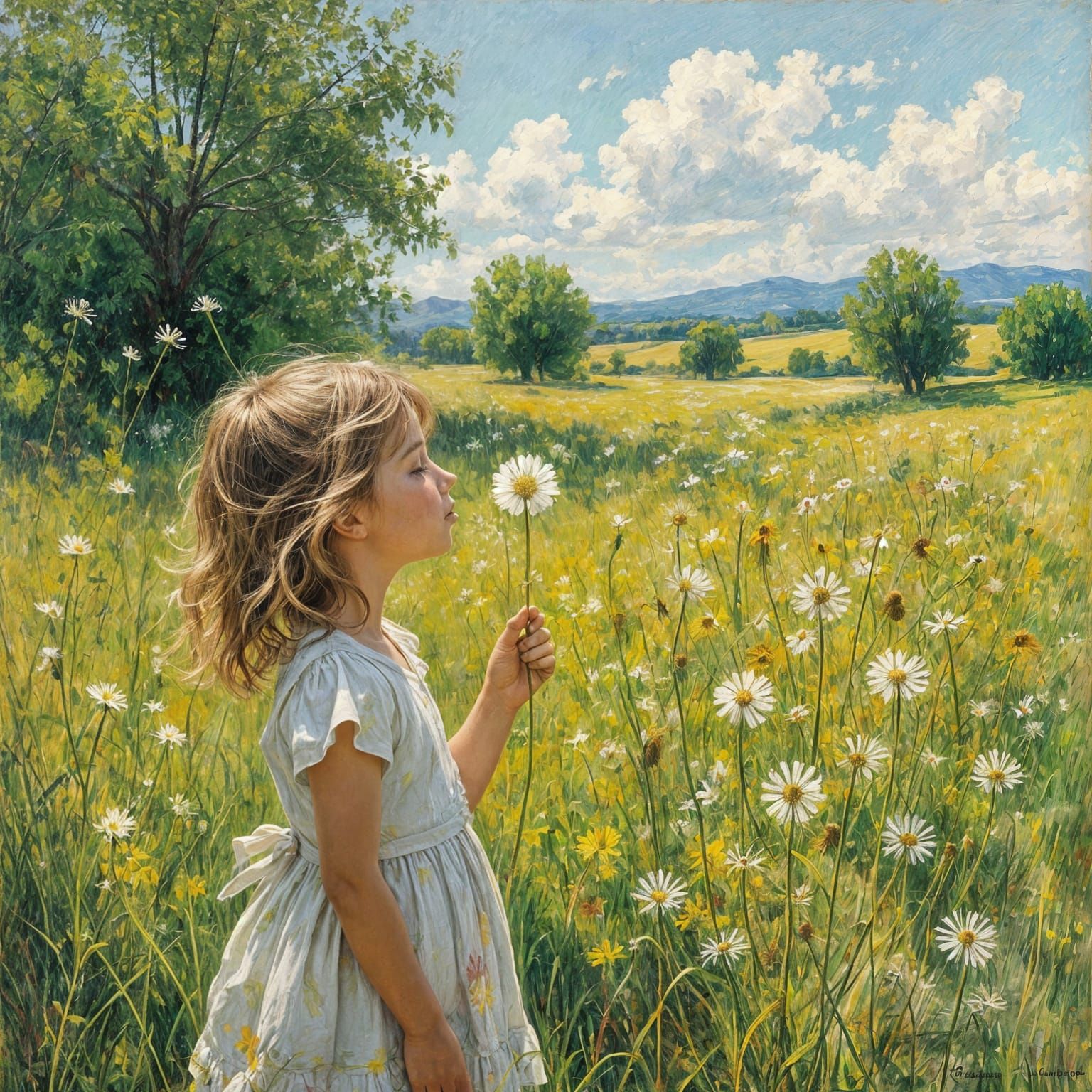 Child with Dandelion in Impressionist Meadow