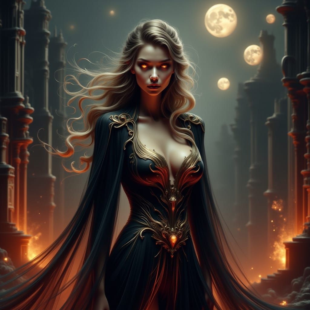 Fantasy City Ruins at Dusk with Elven Woman